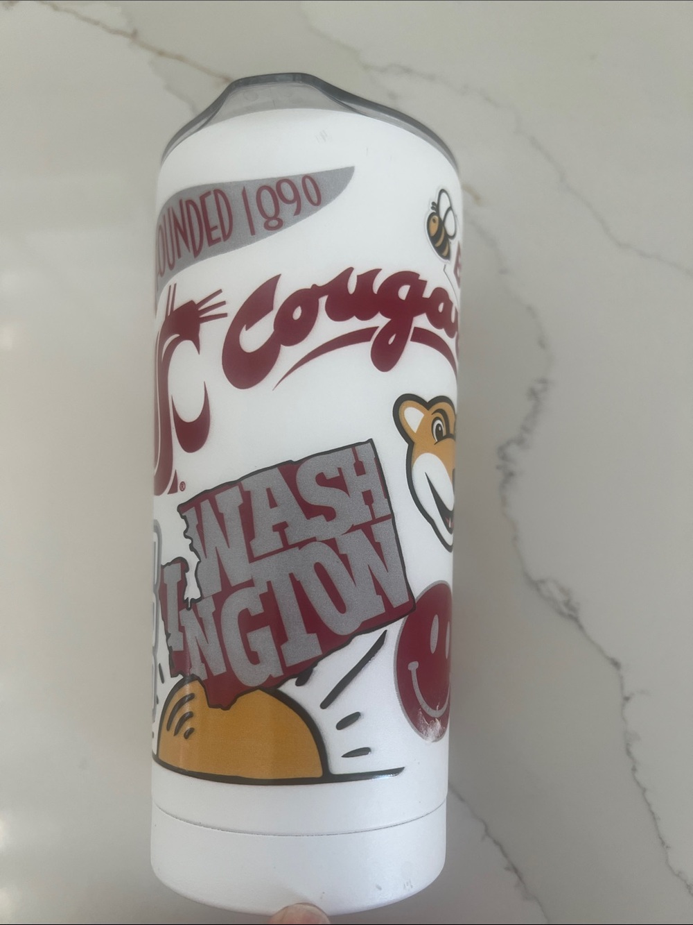 WSU Cougs! Corkcicle White Travel Tumbler with Maroon and Gold Graphics